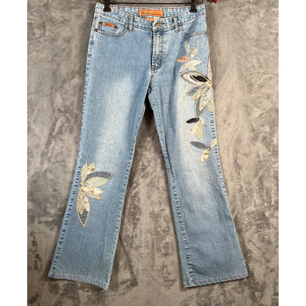 Daniel Embroidered Jeans Sz 9/10 fits 30x28 Med Wash Flare Bootcut Bling Y2K